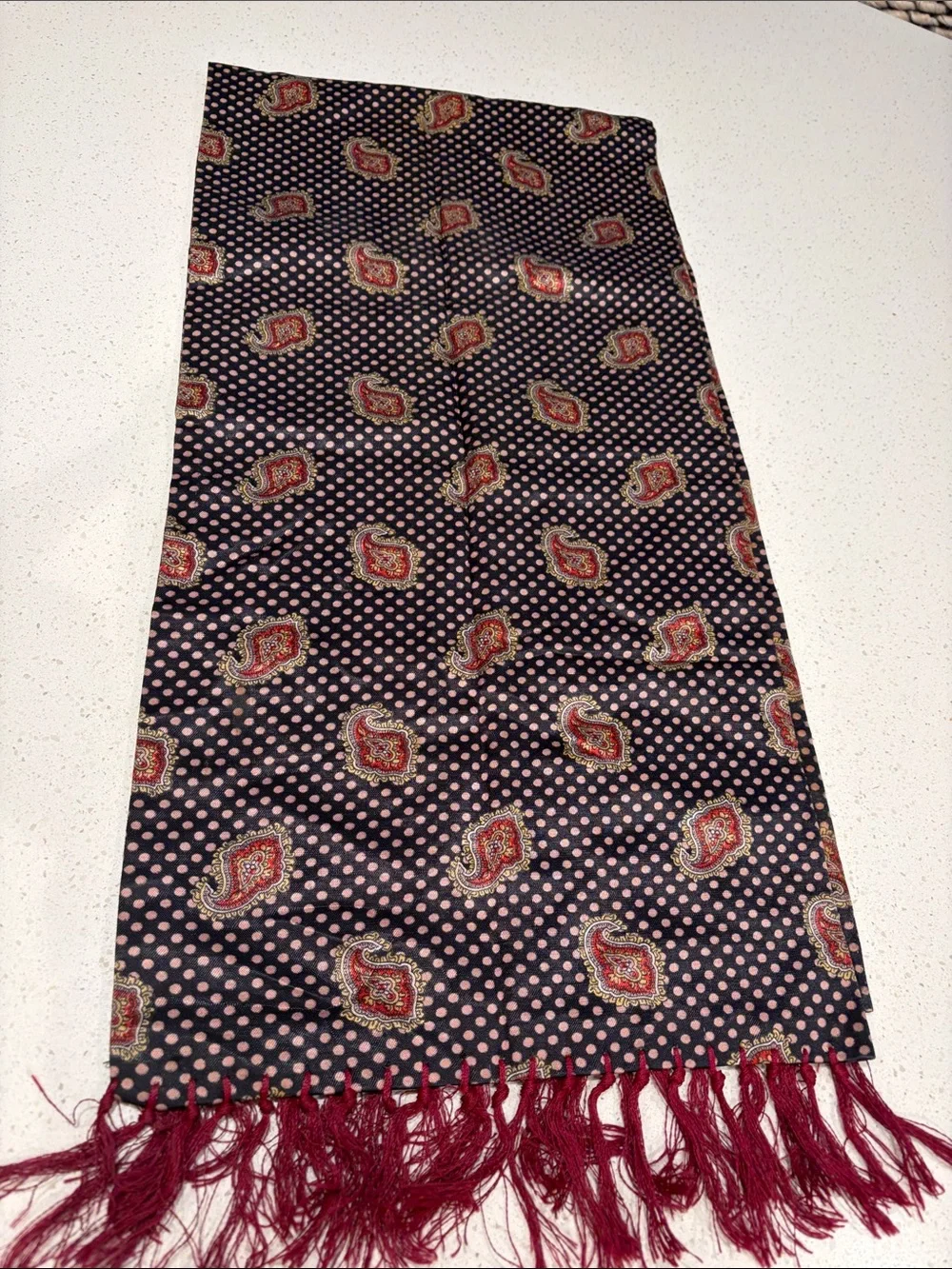 TOOTAL - Silk Paisley & Polka Dot Scarf with Fringe - Navy & Burgundy